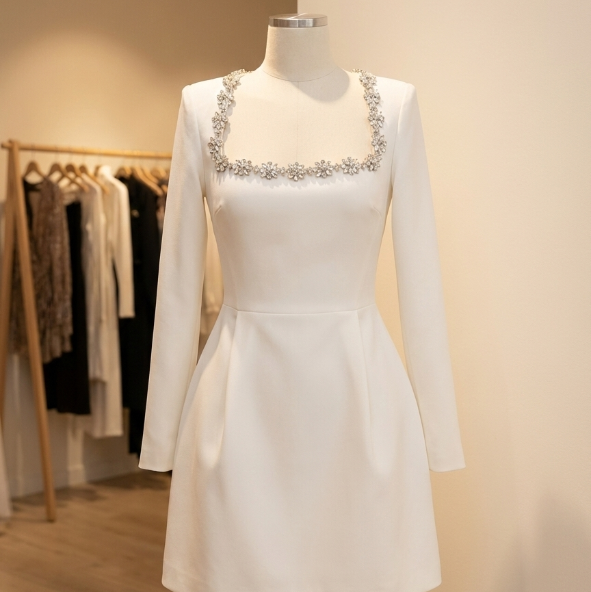 Elegante vestido de cuello cuadrado con flores y pedrería - Vestido de fiesta de corte A