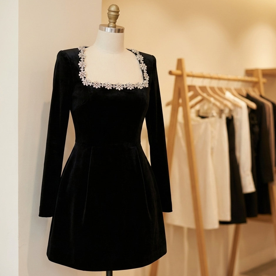 Elegante vestido de cuello cuadrado con flores y pedrería - Vestido de fiesta de corte A